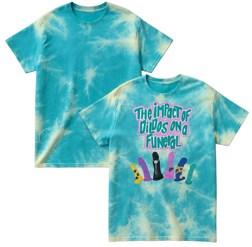 Tie-dye t-shirt with graphic design and text on a white background